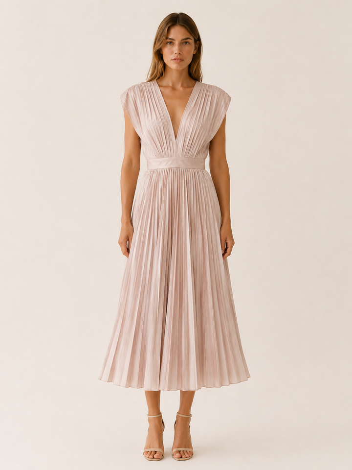 Zosia | Pleated Midi Dress with V Neck